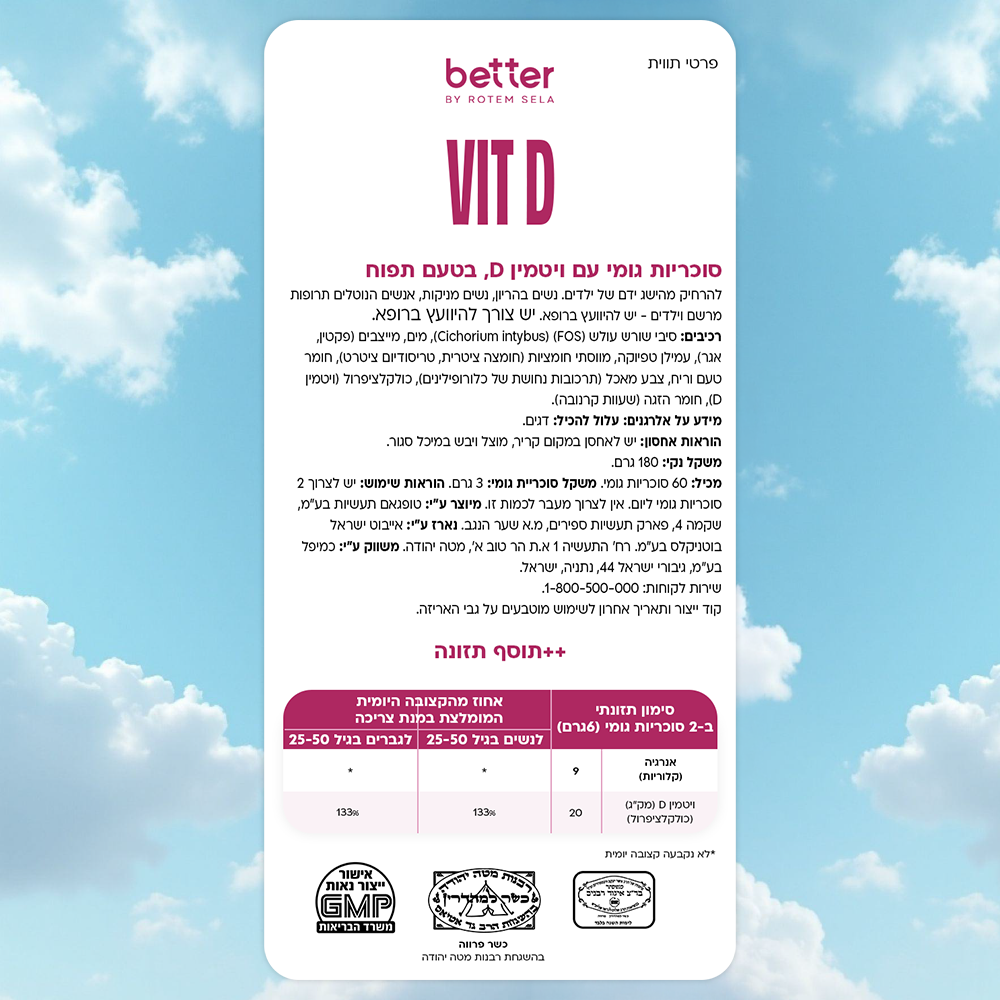 גאמיס ויטמין D בטעם תפוח – תווית המוצר והרכיבים